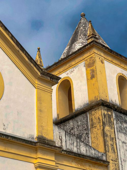 Free Close-up of a historic church facade showcasing colonial architecture in Olinda, Brazil. Stock Photo