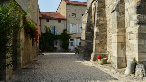 Free A picturesque cobblestone street lined with old stone buildings and colorful plants in a historic town. Stock Photo