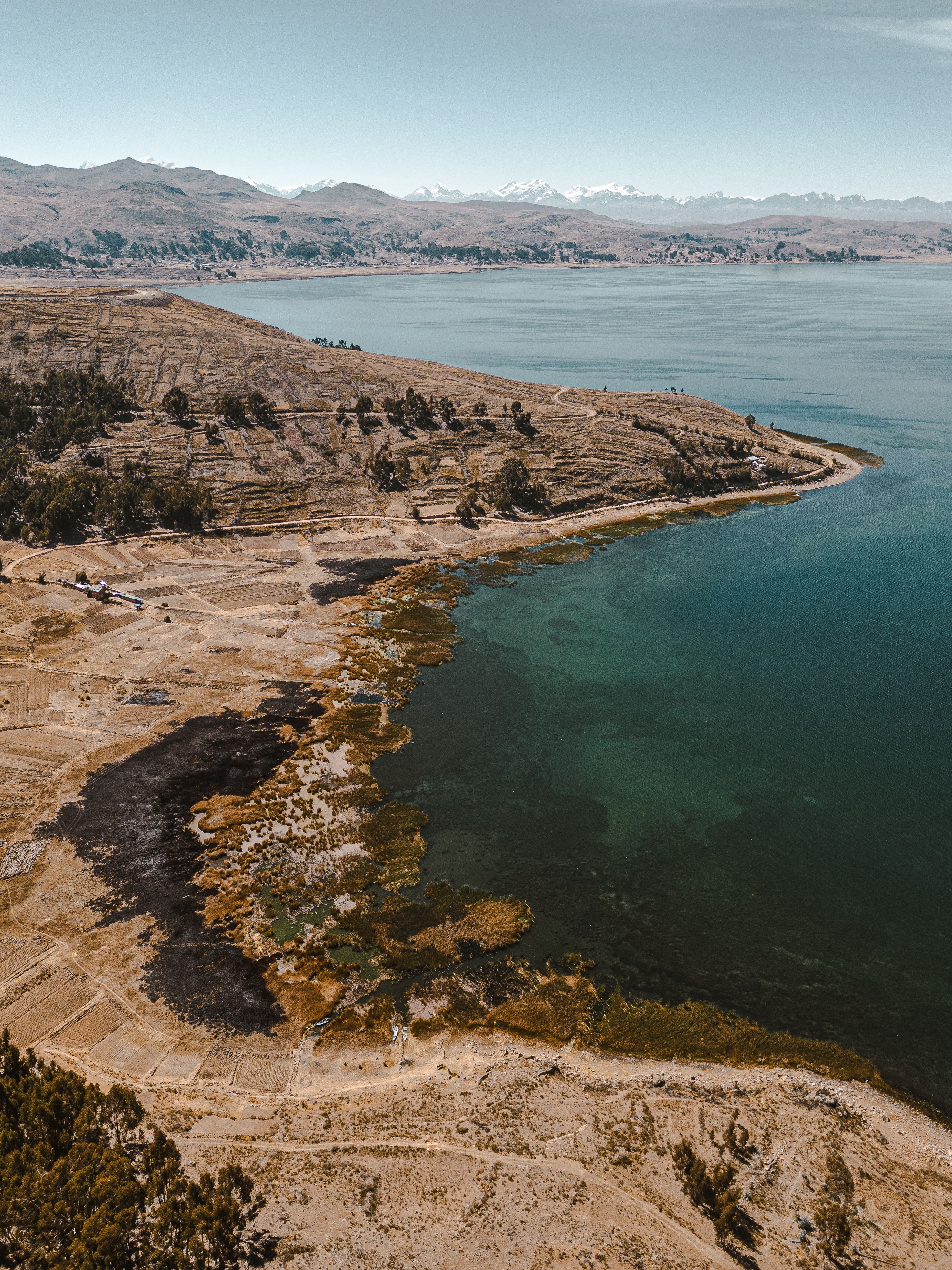 A breathtaking aerial view of Lake Titicaca's shoreline in San Pablo De Tiquina, Bolivia.