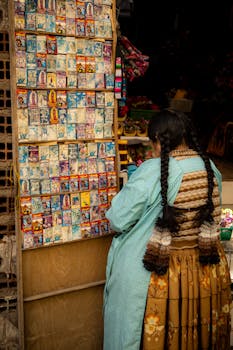 Woman in traditional attire at a Bolivian market, selling souvenirs.