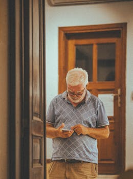 Elderly man with gray beard using smartphone inside a house, demonstrating concentration and technology usage.