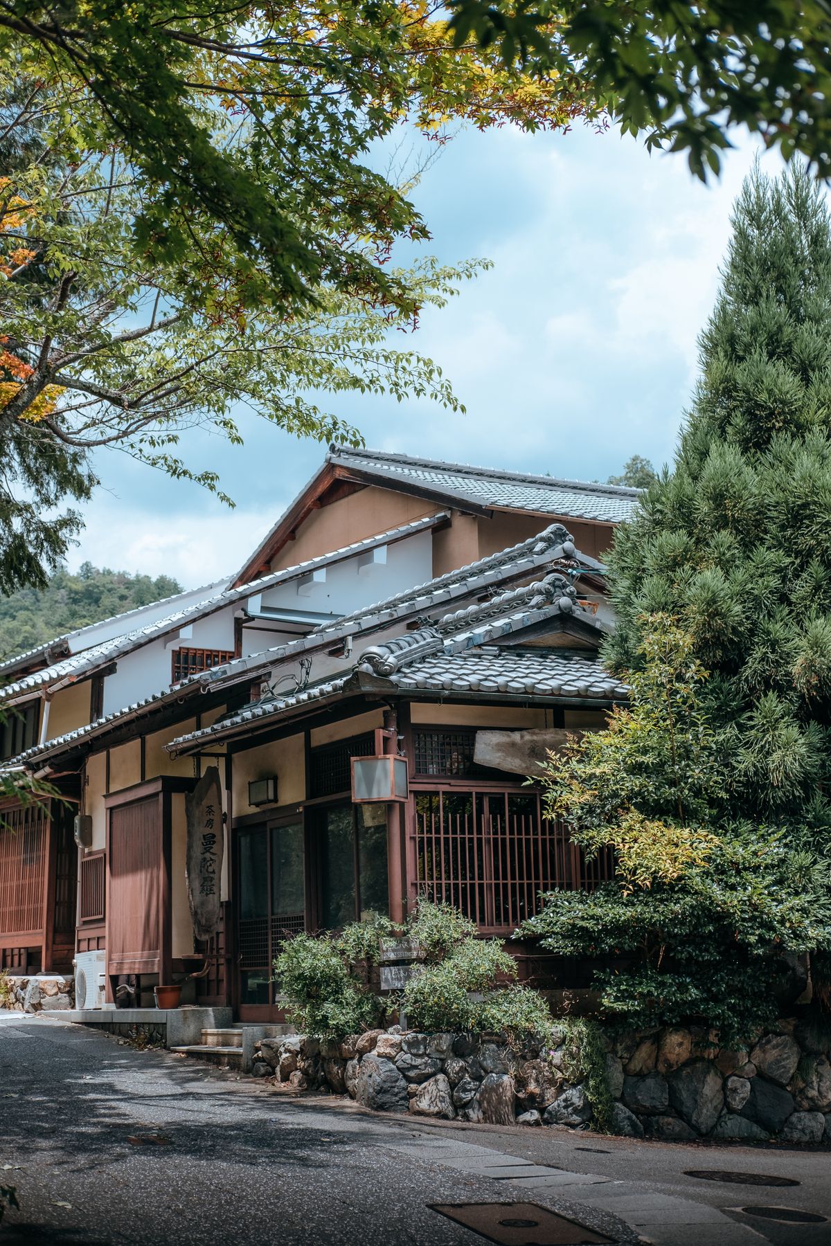Exterior of a charming traditional Japanese wooden house surrounded by greenery in a rural town