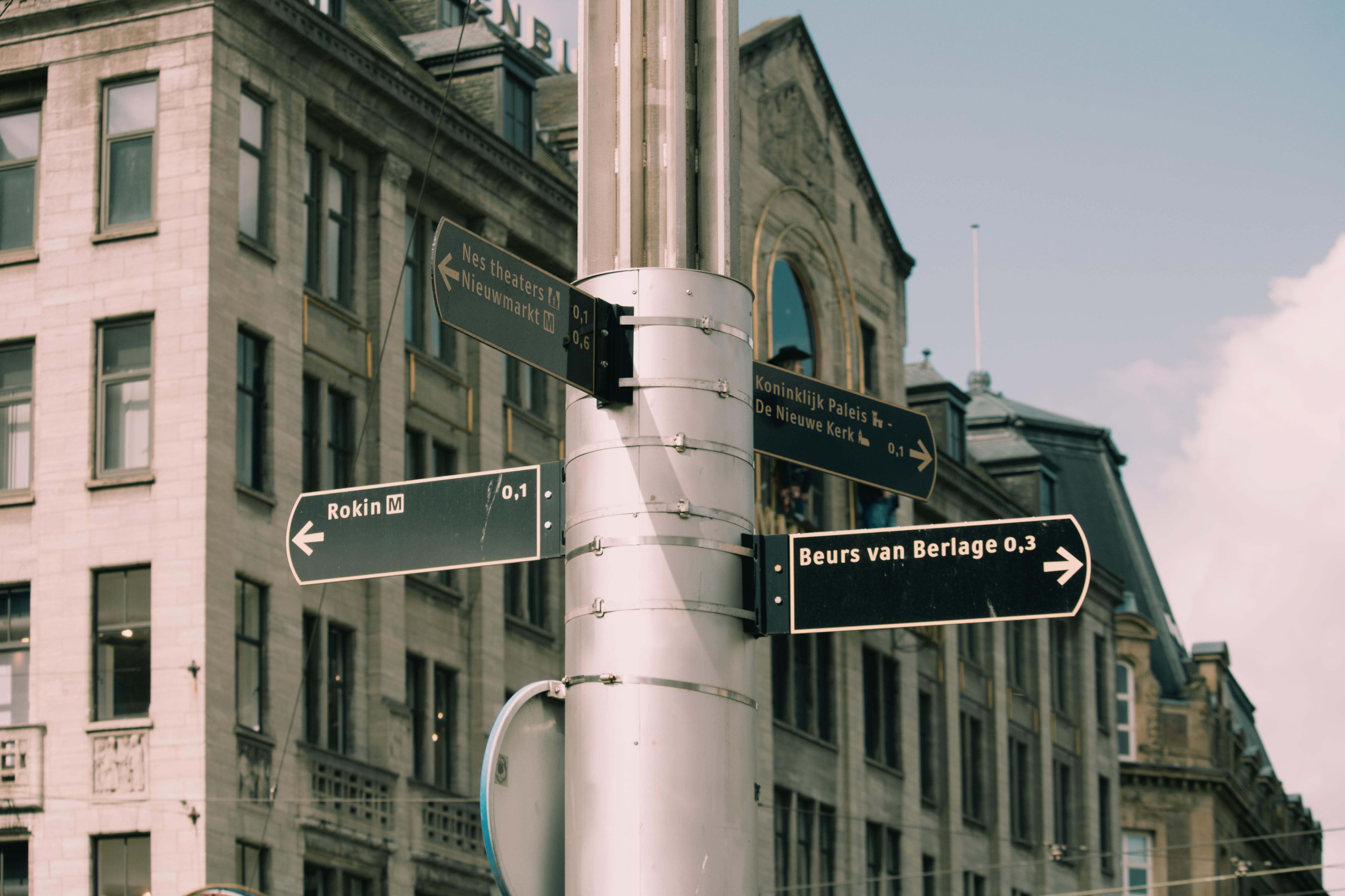 pole with directional signs in amsterdam