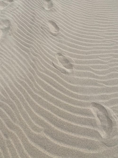 Free Footprints trailing through wavy sand patterns in a desert landscape. Stock Photo