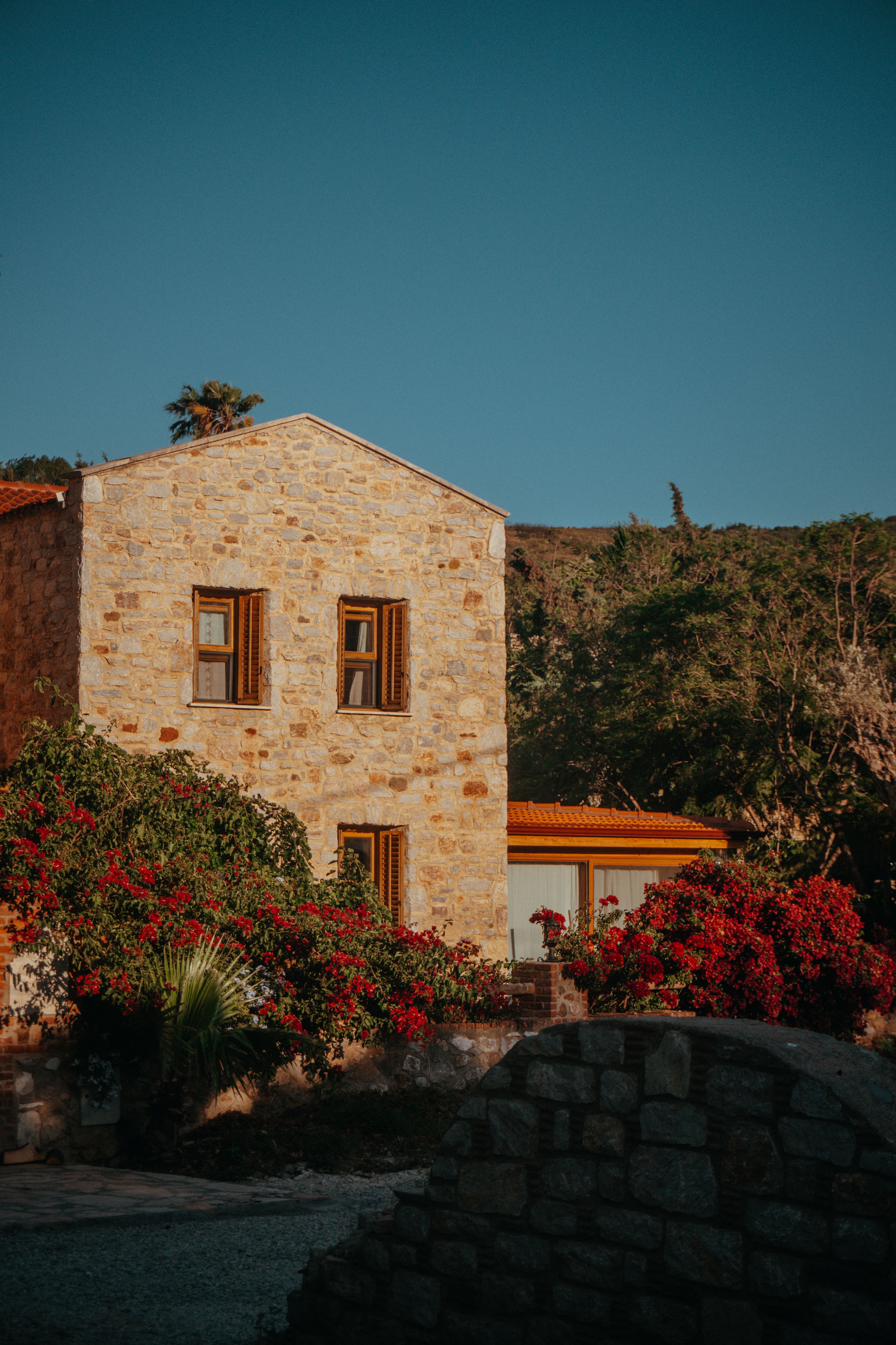 A Stone House and Flowering Shrubs in the Village · Free Stock Photo