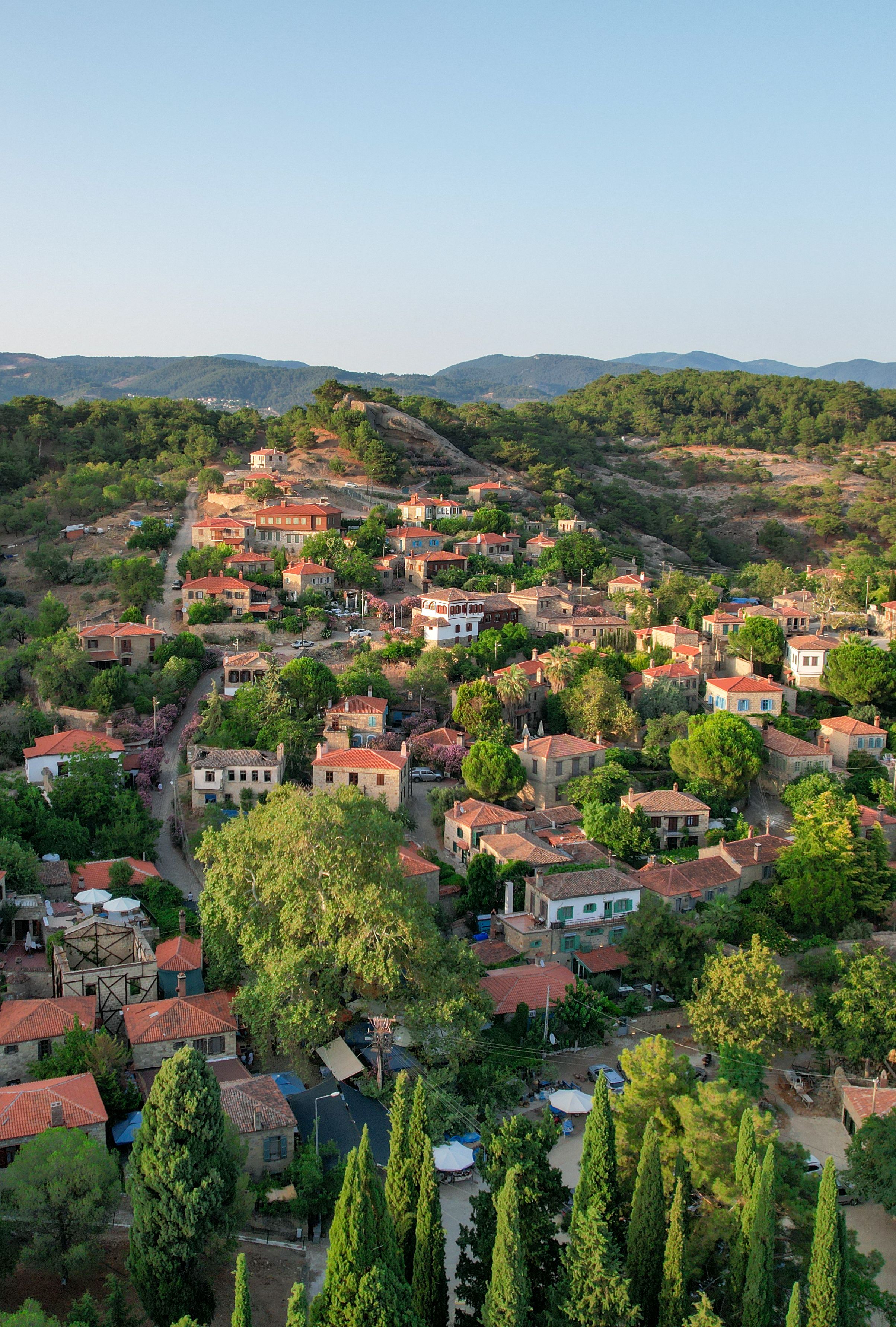 Scenic aerial view of Adatepe village, Çanakkale, Türkiye, surrounded by lush greenery in summer.