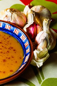 A vibrant close-up of garlic soup in a ceramic bowl, surrounded by fresh garlic cloves.