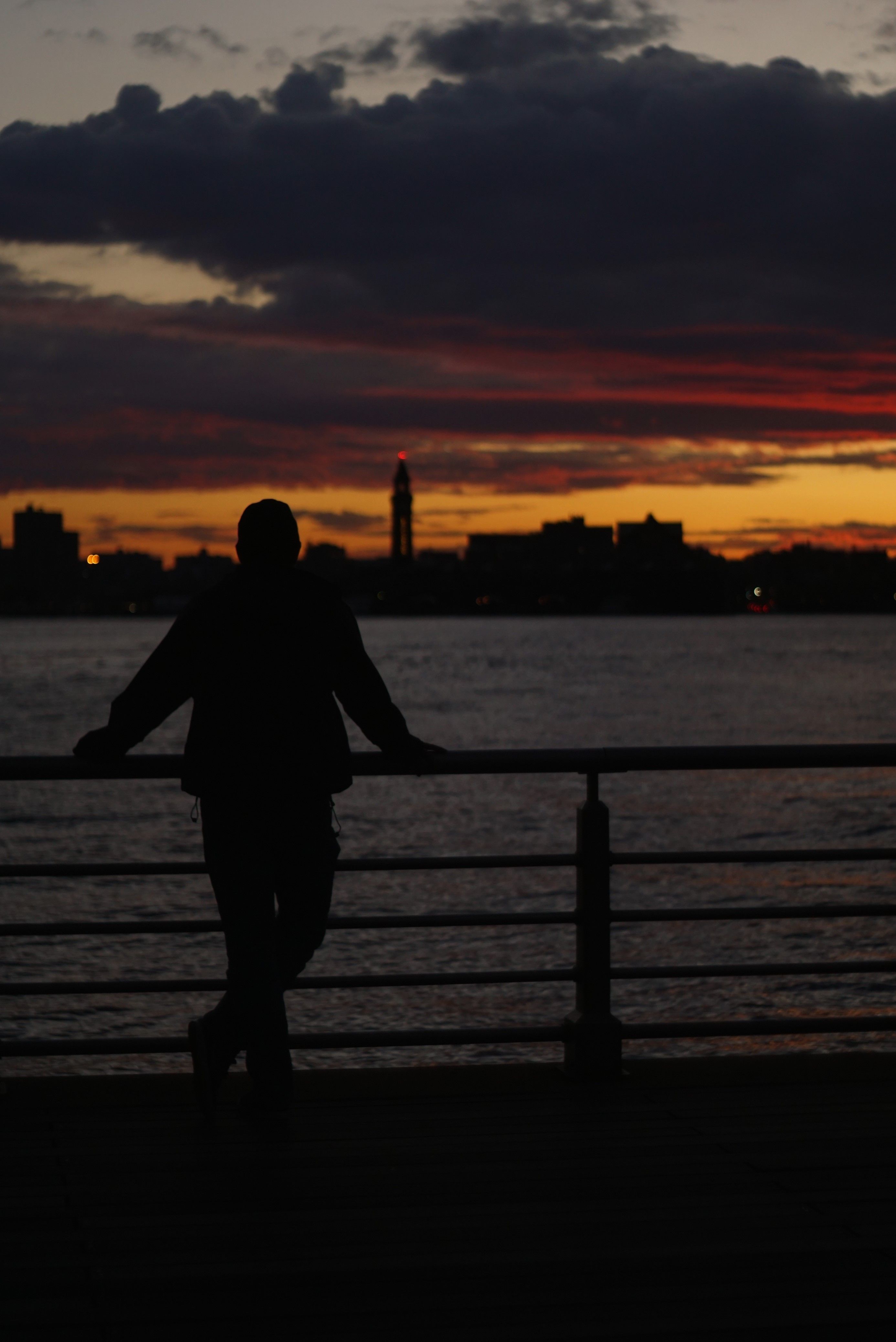 Person Standing by Railing on Sea Shore in City at Sunset · Free Stock ...