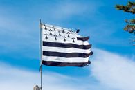 A close-up of the Brittany flag waving on a flagpole against a bright blue sky.