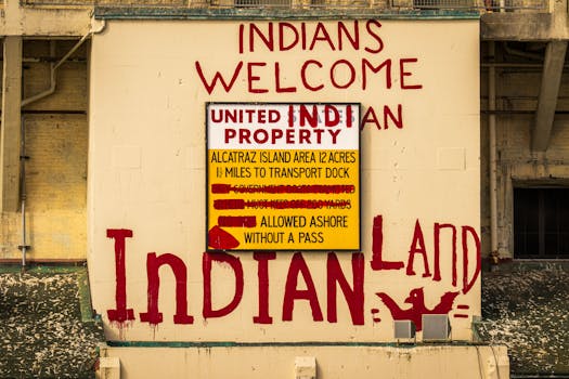 Wall graffiti and signs on Alcatraz Island reflecting political messages and history.