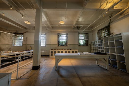 Explore the vintage interior of Alcatraz prison with barred windows and historical charm.