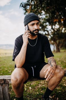 Casual man with beard sitting on bench outdoors, using smartphone for communication.