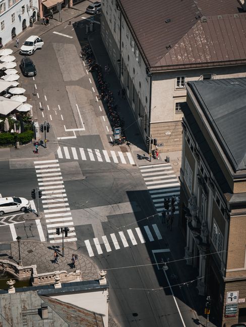 Bird's eye view of a busy intersection in Salzburg, Austria showcasing urban life.