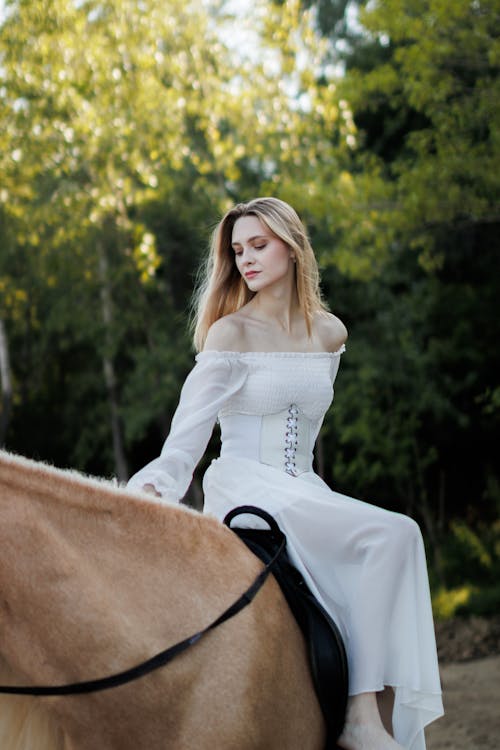 at, at binmek, Beyaz elbise içeren Ücretsiz stok fotoğraf