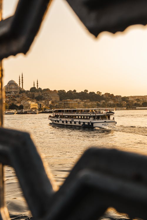 Ferry behind Bars Sailing on Sea Coast in Istanbul