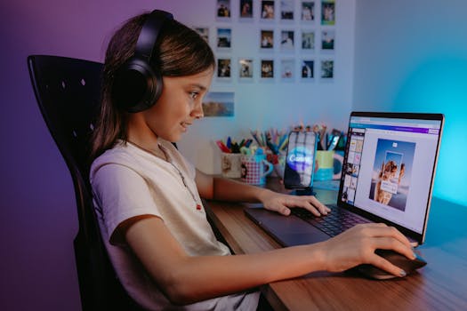 A young girl wearing headphones uses a laptop for graphic design, showcasing creativity and technology in her workspace.