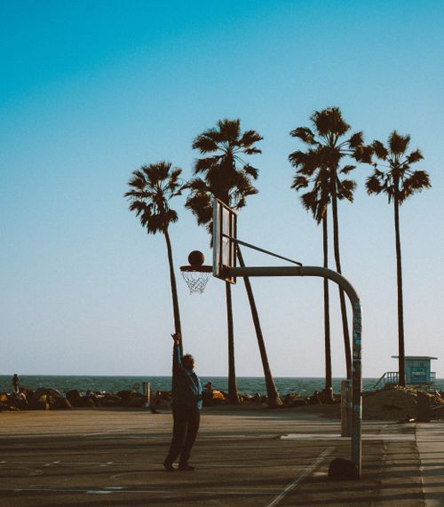 Free Silhouette of a man playing basketball near palm trees and the ocean in Los Angeles. Stock Photo