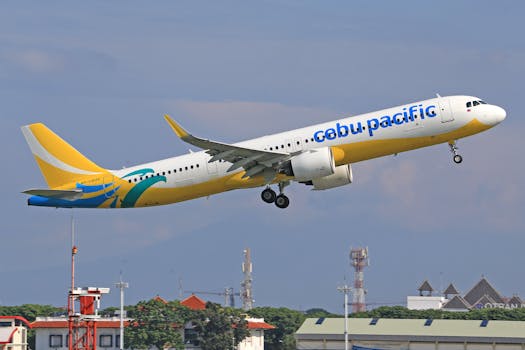 Cebu Pacific aircraft ascending from an airport runway, showcasing vibrant livery and clean skies.