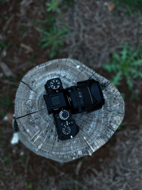 Free A modern camera with a lens placed on a wooden tree stump, showcasing nature and technology in a striking composition. Stock Photo