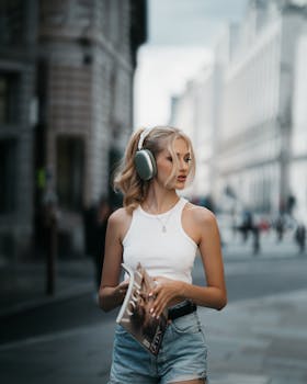 Fashionable young woman wearing headphones walking through an urban scene in London.
