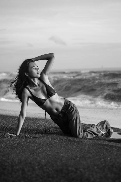 Woman in Bra Posing on Beach