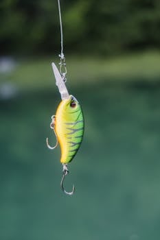 Close-up of a colorful fishing lure suspended above tranquil green waters.