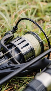 Detailed view of a fishing reel with line on the grass, ideal for angling themes.
