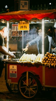 Vibrant night scene of a street food stand selling roasted corn in an urban setting.