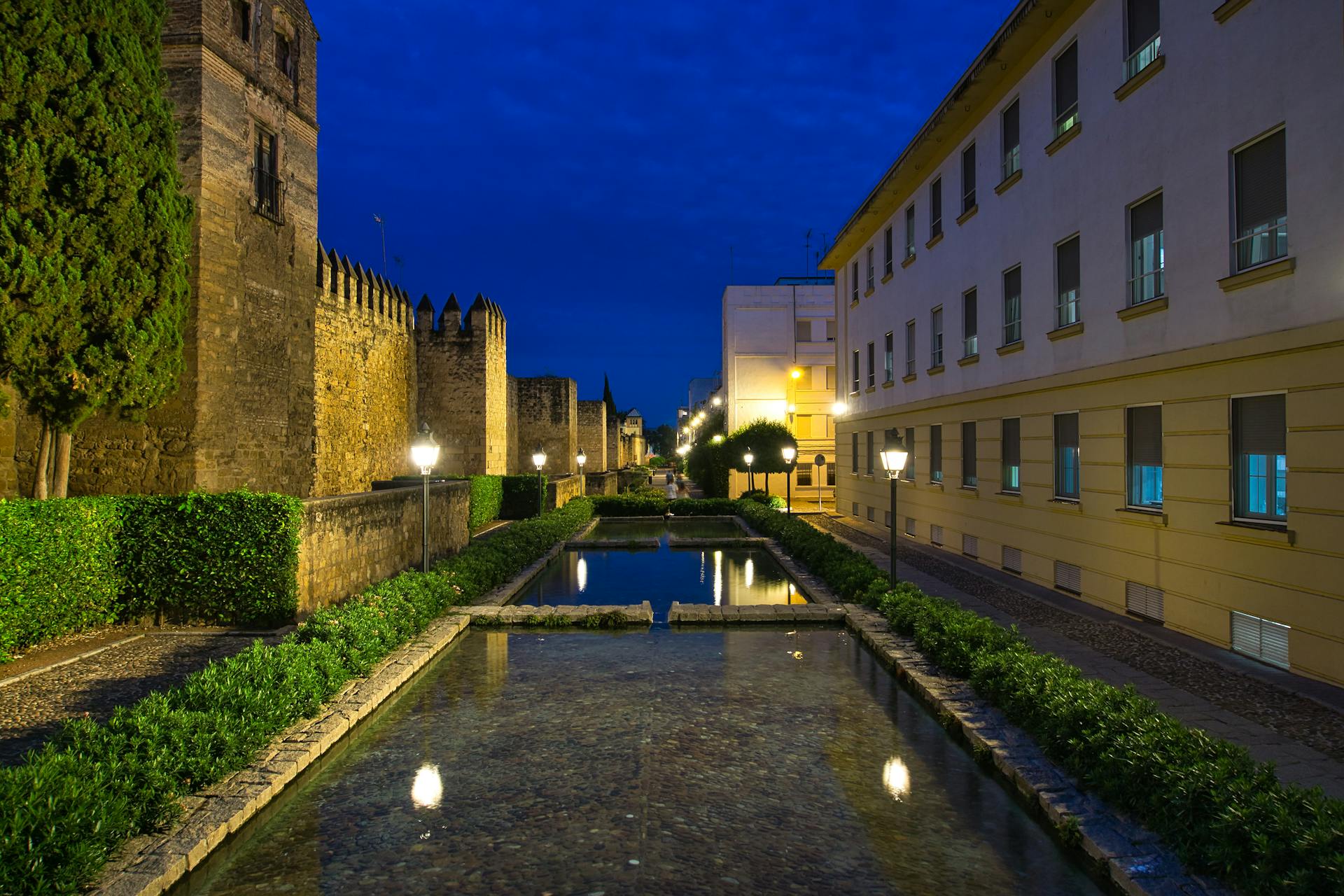 Illuminated historical walls of Cordoba at night featuring water reflections and lush greenery.