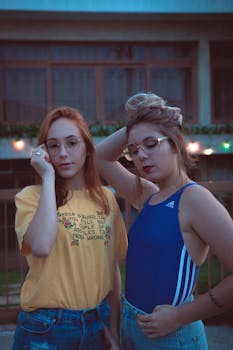 黄昏时分，两名年轻女子穿着休闲装，自信地在户外摆姿势