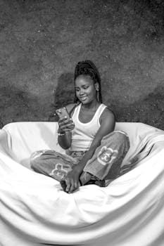 Black and white portrait of a smiling woman sitting casually on a bean bag, using her smartphone.
