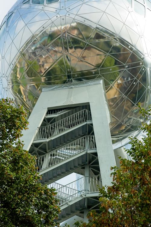 Free Detailed view of the Atomium's staircase and reflective sphere in Brussels. Stock Photo