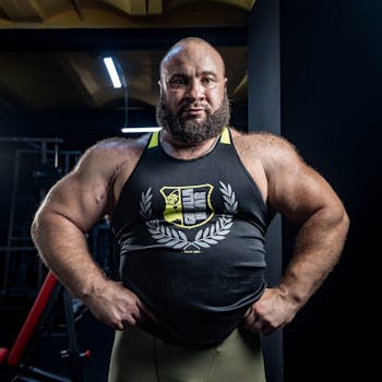 A strong bodybuilder poses confidently in a gym, showcasing muscular physique in a tank top.