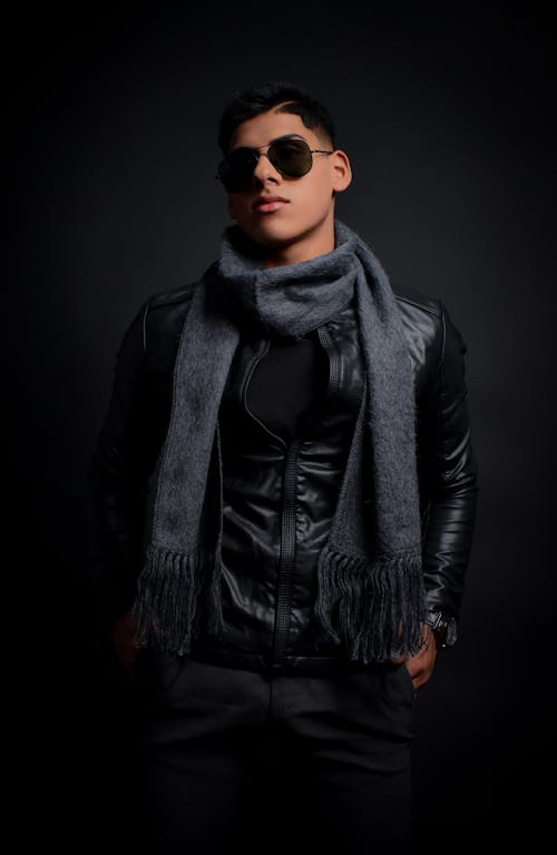 Man in Black Leather Jacket, Aviator Sunglasses and Scarf