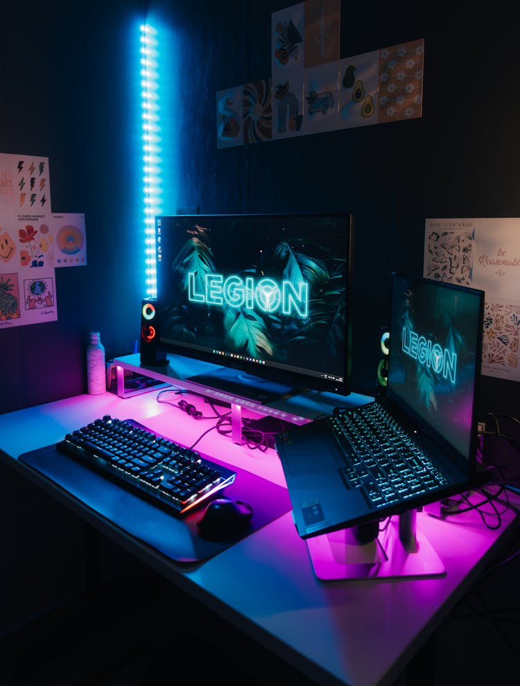 Gaming Computer, Laptop And Keyboard On Desk