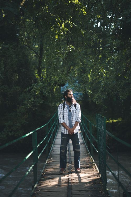 Free Man in casual attire standing on a wooden bridge surrounded by lush greenery in Srinagar. Stock Photo