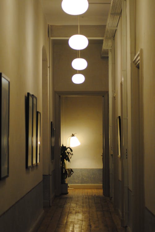 Quiet Corridor with Round Lamps