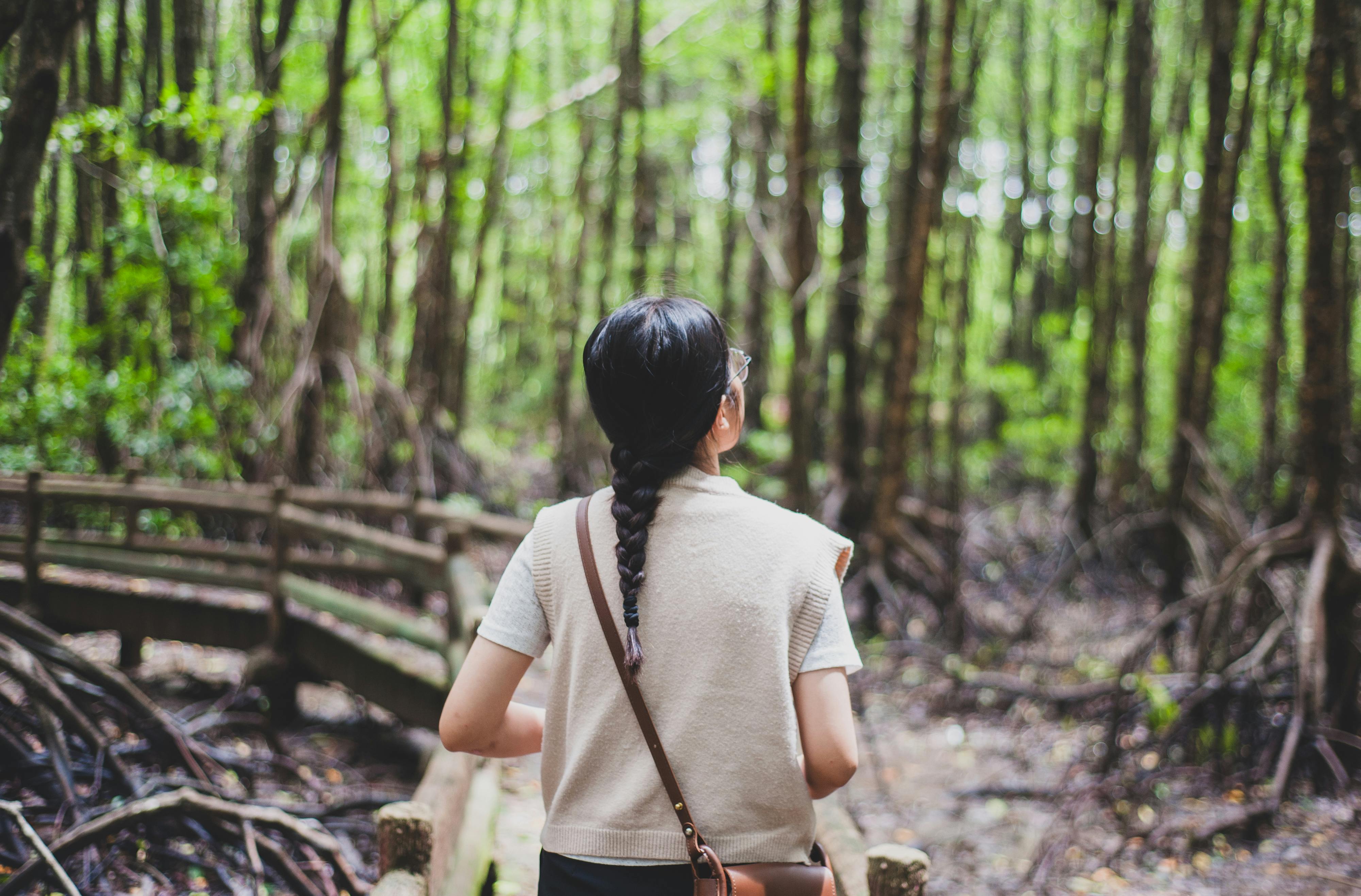 Back view of a woman enjoying a peaceful walk in a dense green forest