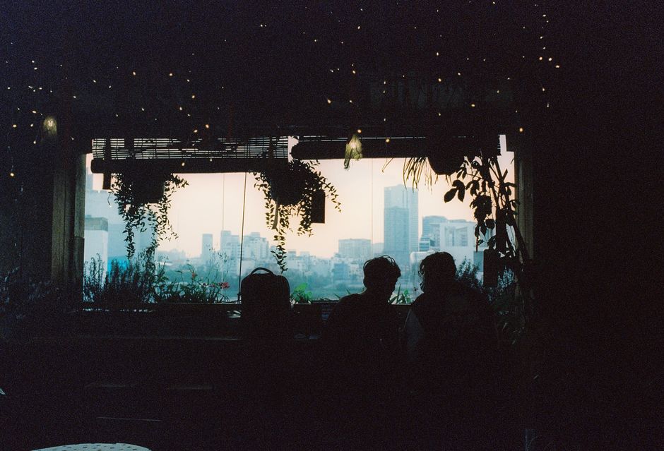Silhouetted figures in an urban setting with plants and cityscape view through a window.
