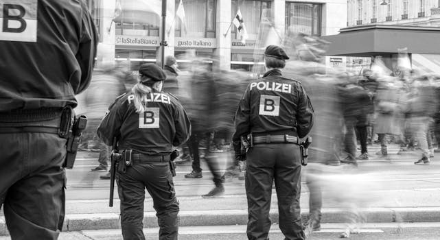 Policemen in uniforms oversee a rally in Vienna, captured in black and white.