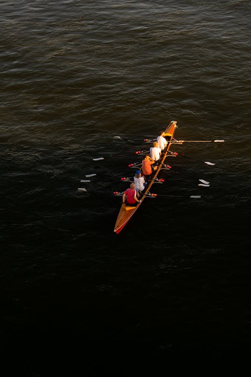 Aerial View of People Sitting in a Rowboat 