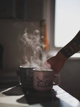 A tattooed hand reaches for a steaming mug of coffee indoors with soft lighting.