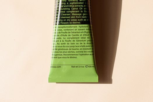 Close-up of the List of Ingredients on a Tube of a Cosmetic Product 