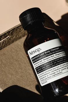 Close-up of Aesop's Geranium Leaf Body Cleanser captured in Melbourne, Australia.