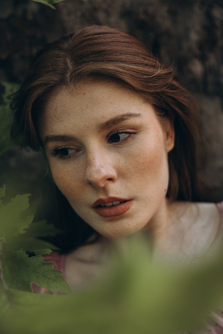 Face Woman Among Leaves