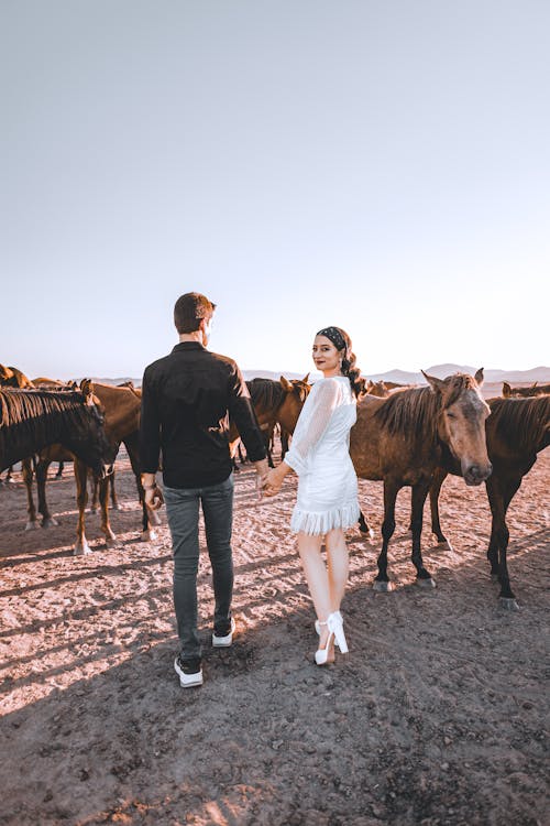 A Couple Walking on a Pasture among Horses 