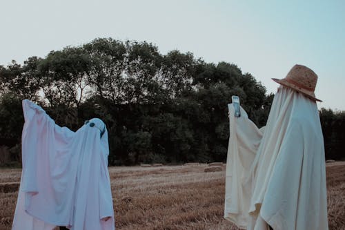 People Dressed as Ghosts Taking Pictures on a Field 