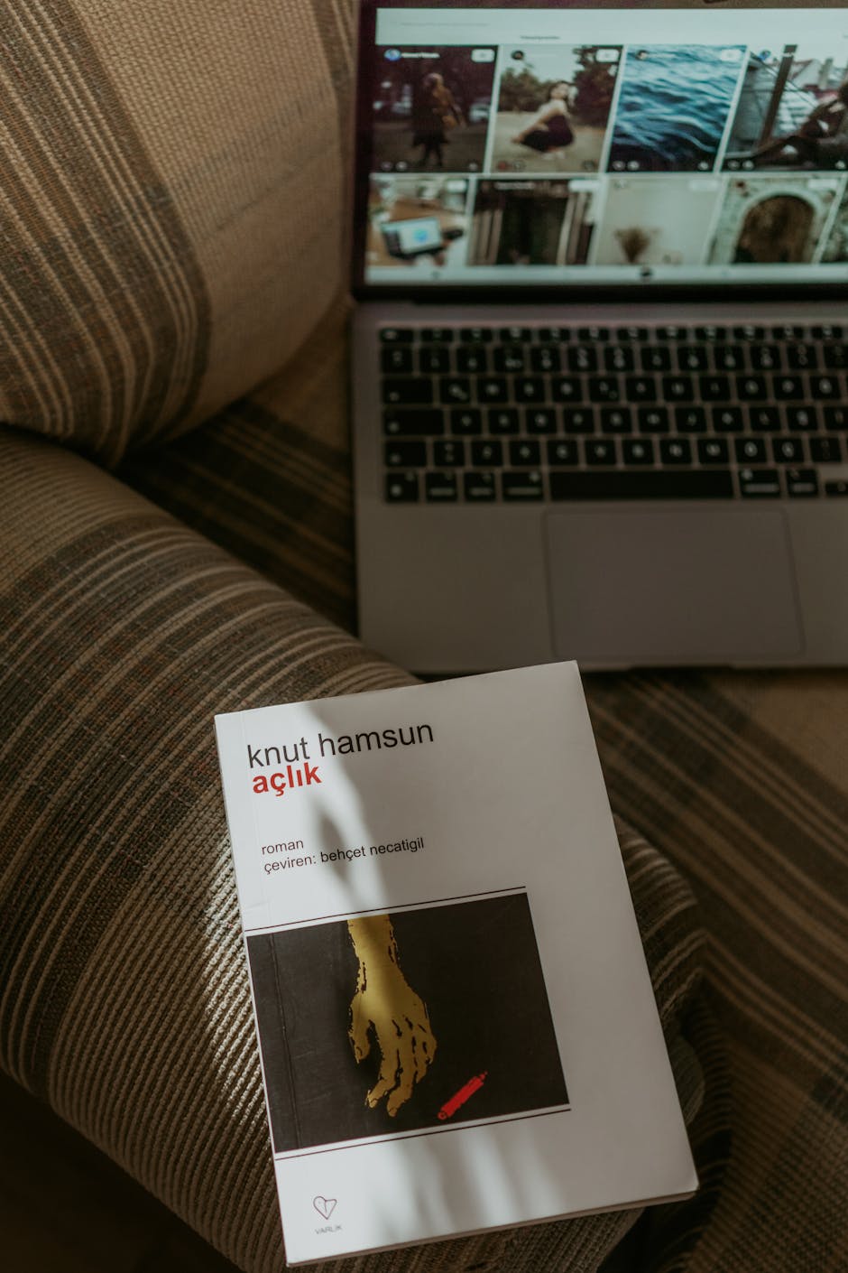 A book rests on a sofa beside a laptop showing images, inviting a cozy reading atmosphere.