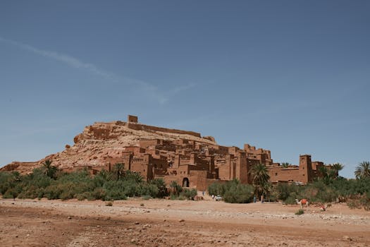 Explore the historic Ait Benhaddou, a UNESCO site in Morocco's desert landscape.