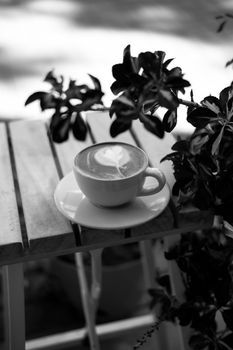 A black and white photo of coffee with latte art on a table beside plants.